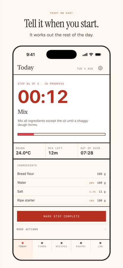 A running bake: the timer counting down on the current step, dough temperature, and the time the loaf comes out of the oven.