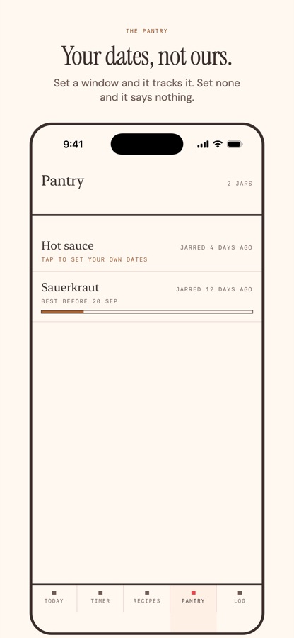 The pantry: two jars, one tracked against a best-before date the baker set, one with no date and no meter.