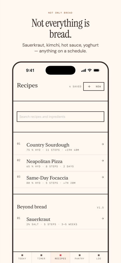 The recipe library, with a Beyond Bread section for ferments other than dough.