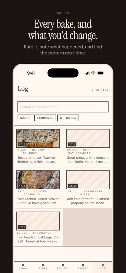 The bake log in dark mode: past bakes with ratings, photos, and notes on what to change next time.